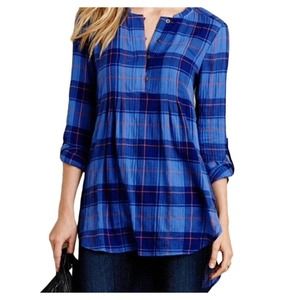 ANTHROPOLOGIE Holding Horses Tunic Top Small Halfpenny Blue Plaid High Low Hem